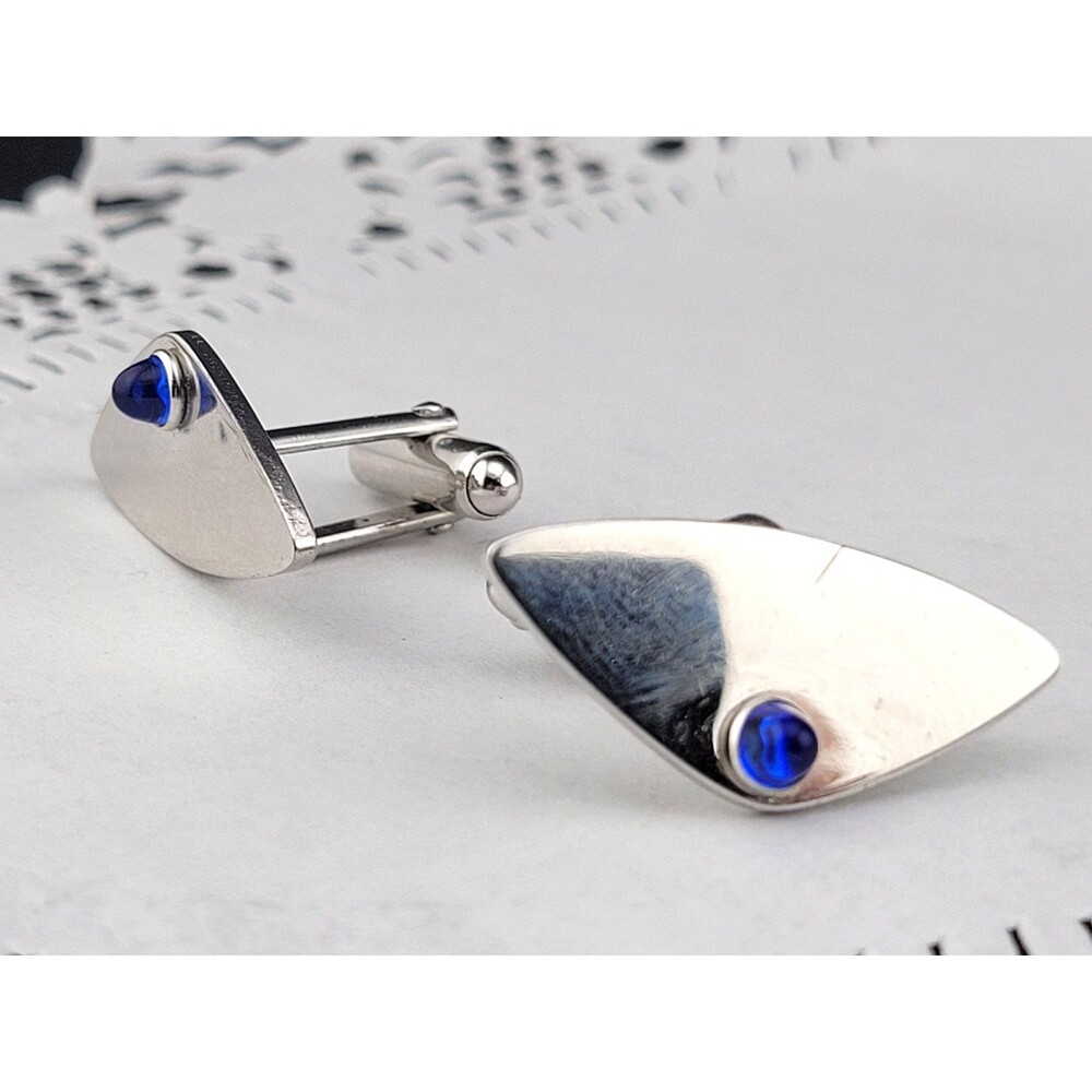 MCM Mid-Century Modernist Rhodium Finish Blue Glass Accent Cufflinks